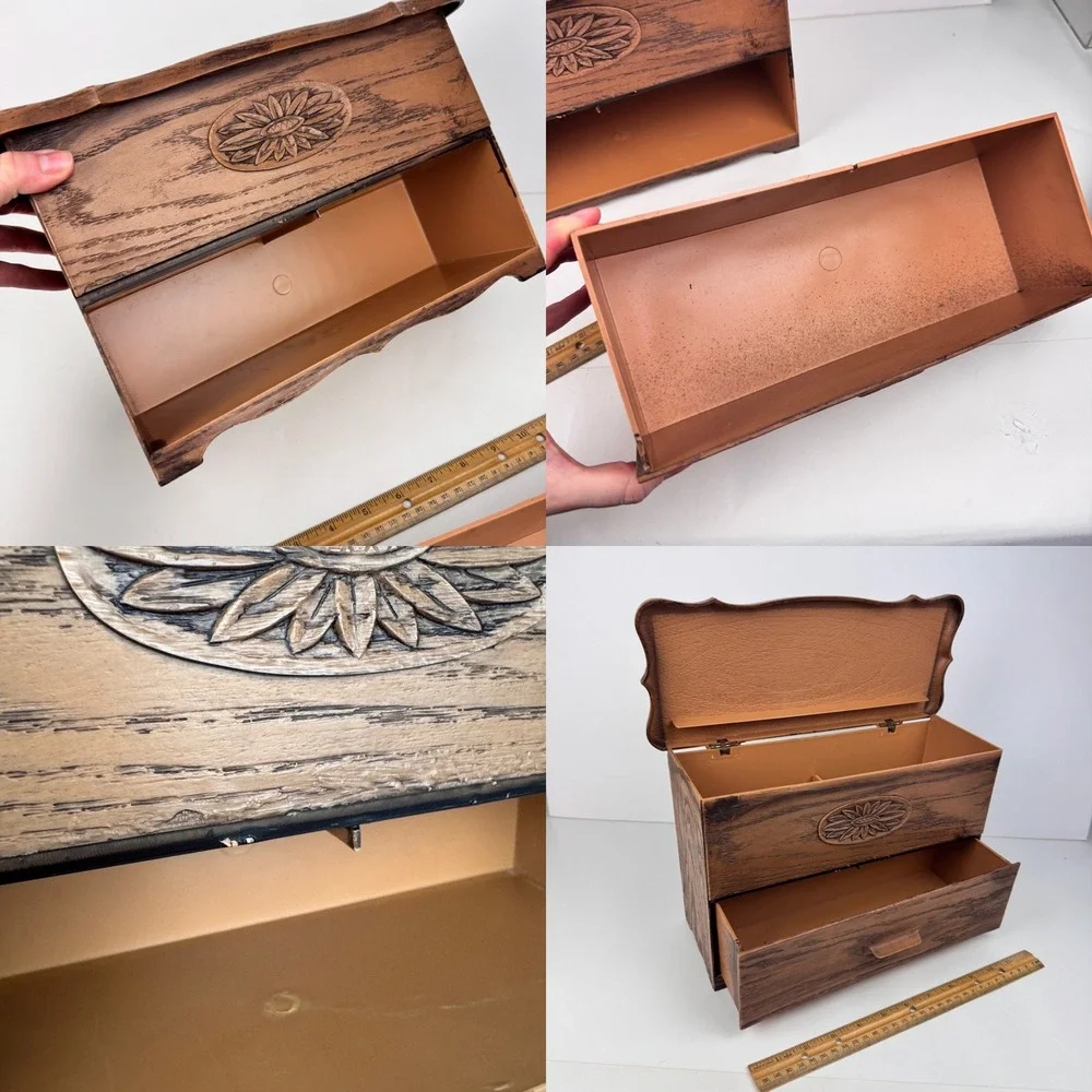 Vtg Plastic Lerner Tabletop Drawer Storage Box Faux Fake Wood Grain Brown‎ Tan
